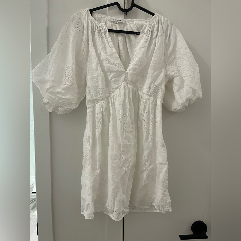 Frame Puff Sleeve White Eyelet Dress